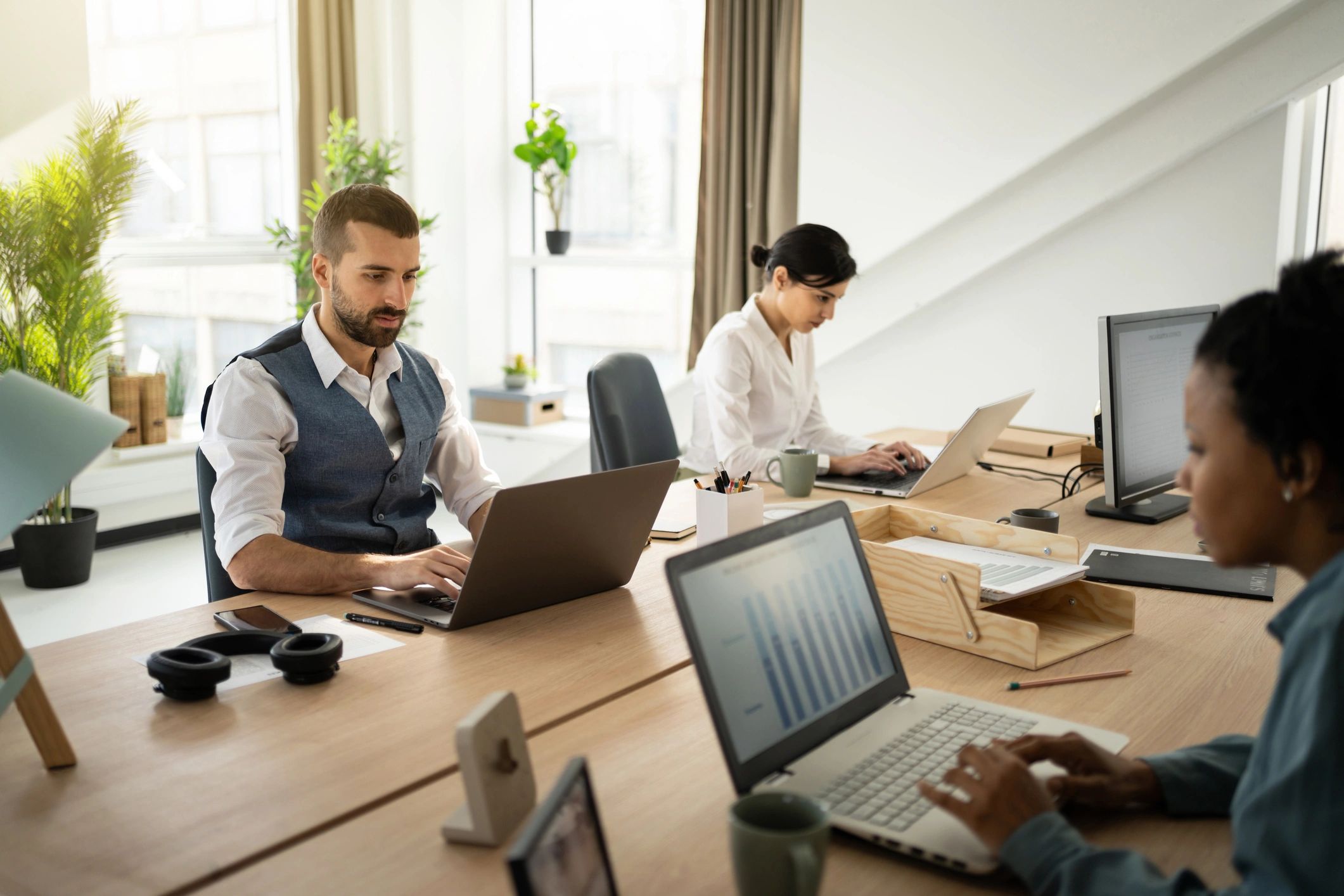 Team working together in an open office